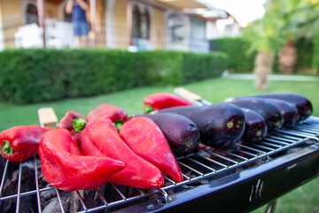 Eggplants and red peppers on grill, eggplants and red peppers vegetarian barbecue.
