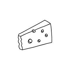 A piece of French cheese with holes. Doodle style. Delicious gourmet appetizer. Linear vector illustration on isolated white background. For web and print, label design, brochure, menu