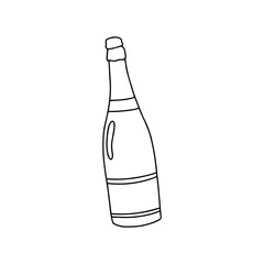 Champagne bottle. Doodle style. Elite carbonated wine drink. Linear vector illustration on isolated white background. For web and print, label design, brochure, menu