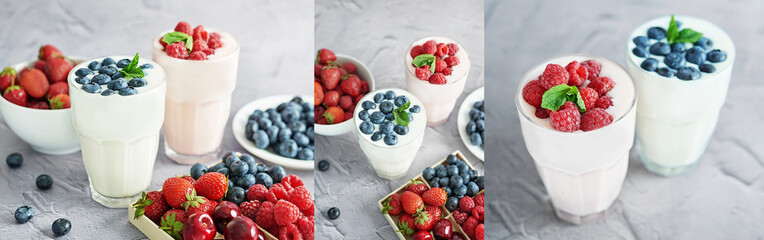 Yogurt cocktail and parfait. Natural detox. Liquid ice cream. Healthy food and breakfast. Good morning. Berry Milk Smoothie with blueberries, strawberries, raspberries. Fresh diet dessert. Summer card