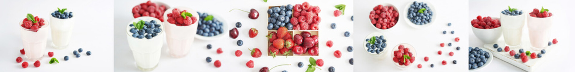 Yogurt cocktail and parfait. Natural detox. Liquid ice cream. Healthy food and breakfast. Good morning. Berry Milk Smoothie with blueberries, strawberries, raspberries. Fresh diet dessert. Summer card
