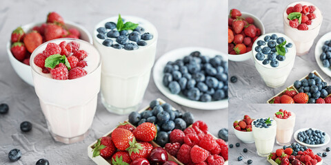 Yogurt cocktail and parfait. Natural detox. Liquid ice cream. Healthy food and breakfast. Good morning. Berry Milk Smoothie with blueberries, strawberries, raspberries. Fresh diet dessert. Summer card