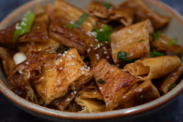 Japanese vegan teriyaki yuba tofu skins in bowl