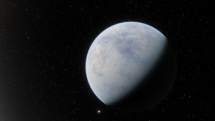beautiful alien planet in far space, realistic exoplanet, planet suitable for colonization, planet similar to Earth, detailed planet surface 3D render