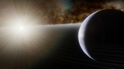 Obraz premium beautiful alien planet in far space, realistic exoplanet, planet suitable for colonization, planet similar to Earth, detailed planet surface 3D render
