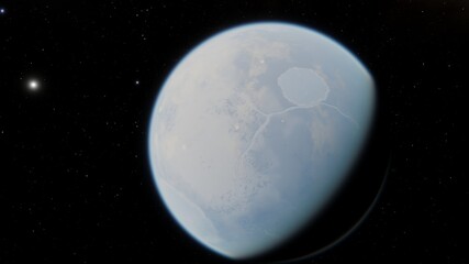 beautiful alien planet in far space, realistic exoplanet, planet suitable for colonization, planet similar to Earth, detailed planet surface 3D render