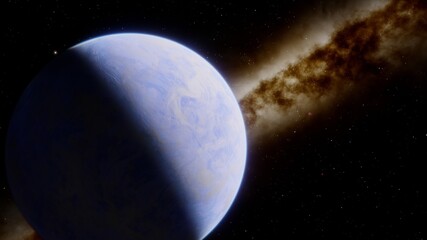 Naklejka premium beautiful alien planet in far space, realistic exoplanet, planet suitable for colonization, planet similar to Earth, detailed planet surface 3D render