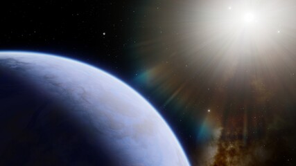 beautiful alien planet in far space, realistic exoplanet, planet suitable for colonization, planet similar to Earth, detailed planet surface 3D render