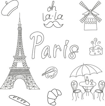 travel to paris set of drawings in doodle style