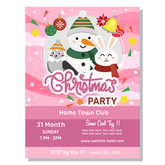 christmas poster template cute snowman and rabbit