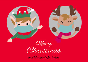 elf and reindeer are in circle hole and wear masks with happiness with Christmas invitation card design