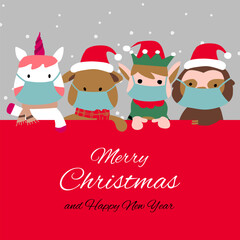 Fototapeta na wymiar Snowman penguin and santa cluas are happy emotion and wear masks with Christmas invitation card design