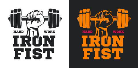 Concept composition for sport gym, fitness bodybuilding. Male hand with dumbbell. Design elements for emblem, print, badge, label in vintage style. Vector illustration.