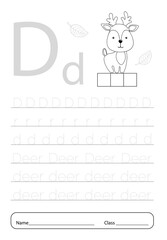 Writing practice letter D printable worksheet for preschool.Exercises for little children.Vector illustration.