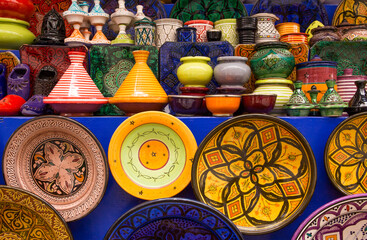 Colorful Moroccan pottery for sale in Essaouira, Morocco
