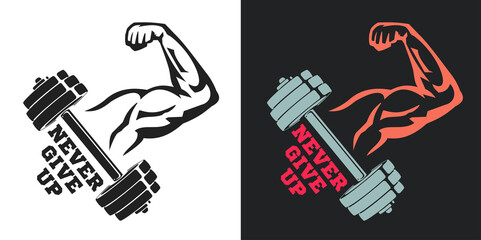 Concept composition for sport gym, fitness bodybuilding. Muscular arm with dumbbell. Design elements for emblem, print, badge, label in vintage style. Vector illustration. - obrazy, fototapety, plakaty