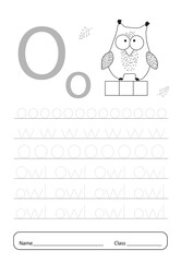 Writing practice letter O printable worksheet for preschool.Exercises for little children.Vector illustration.