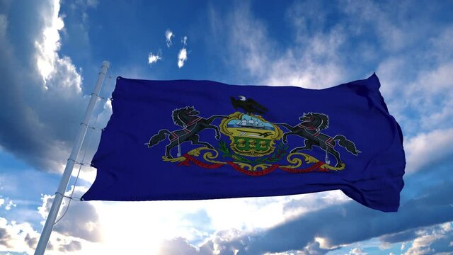 Pennsylvania flag on a flagpole waving in the wind, blue sky background. 4K