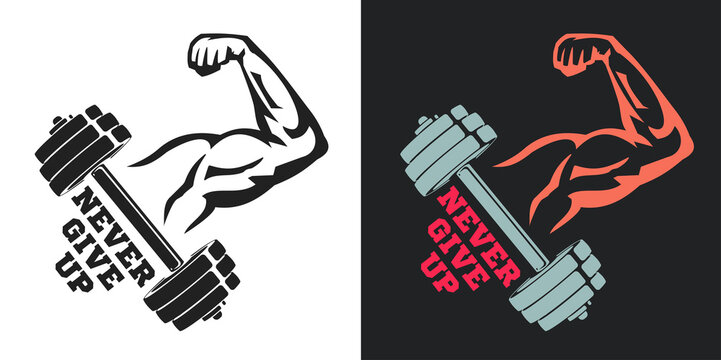Concept composition for sport gym, fitness bodybuilding. Muscular arm with dumbbell. Design elements for emblem, print, badge, label in vintage style. Vector illustration.