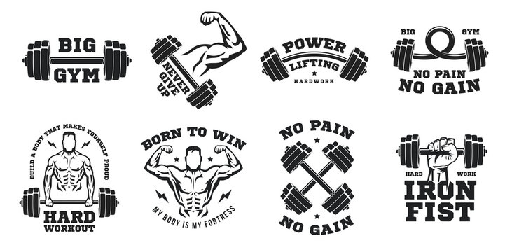 Set of monochrome concept composition for sport gym, fitness bodybuilding. Design elements for emblem, print, badge, label in vintage style. Vector illustration.