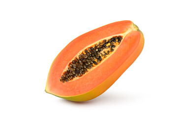 Ripe papaya cut in half isolated on white background. Clipping path.