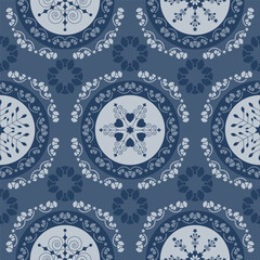Seamless pattern christmas theme. Pretty mandalas and Frieze around with angels. Snowflakes, hearts and spirals. Colors white and blue. 	