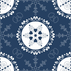 Seamless pattern christmas theme. Pretty mandalas and Frieze around with angels. Snowflakes, hearts and spirals. Colors white and blue. Vector illustration.	