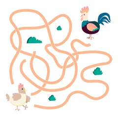 Obraz premium Help cute hen find a path to the rooster. Labyrinth. Animal maze game for kids. Vector illustration on white background.