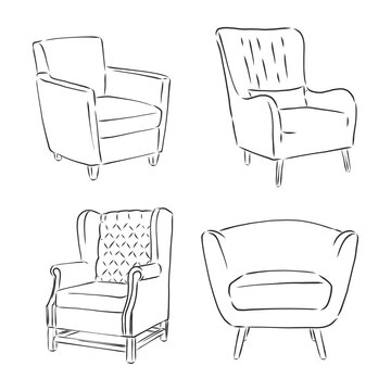 Sketch Chair In Linear Style, Outline Drawing In Black On A White Background. Upholstered Furniture For Sitting, Relaxing. Soft Chair Vector Sketch Illustration