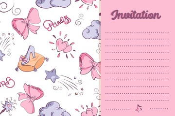 template of greeting card or party invitation template for little princesses. cute background for girls in pastel pink colors