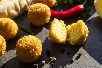 Fresh falafel close up photo. Authentic food of Israel. Healthy eating concept. 