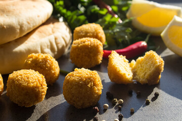 Fresh falafel close up photo. Authentic food of Israel. Healthy eating concept. 