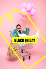 young woman in sunglasses sitting in cart with shopping bags and holding balloons near black friday...
