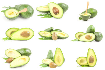 Collection of green avocados isolated on white