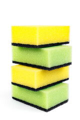 Photo of colorful dishwashing sponge stack on white background.