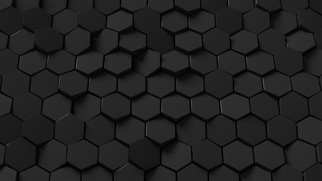 Abstract black hexagon background; dark honeycomb pattern; perspective hex grid; 3d rendering, 3d illustration