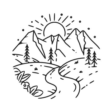 black and white mountain landscape scene clip art preview