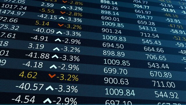 A digital table of stock market values, company indices are developing, growing and / or decreasing.