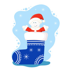 New year cartoon snowman illustration. Funny character of the snowman in the blue Christmas sock.
