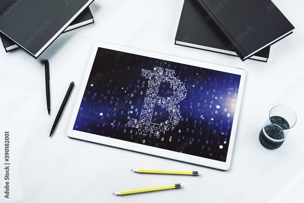 Poster creative bitcoin concept on modern digital tablet display. top view. 3d rendering