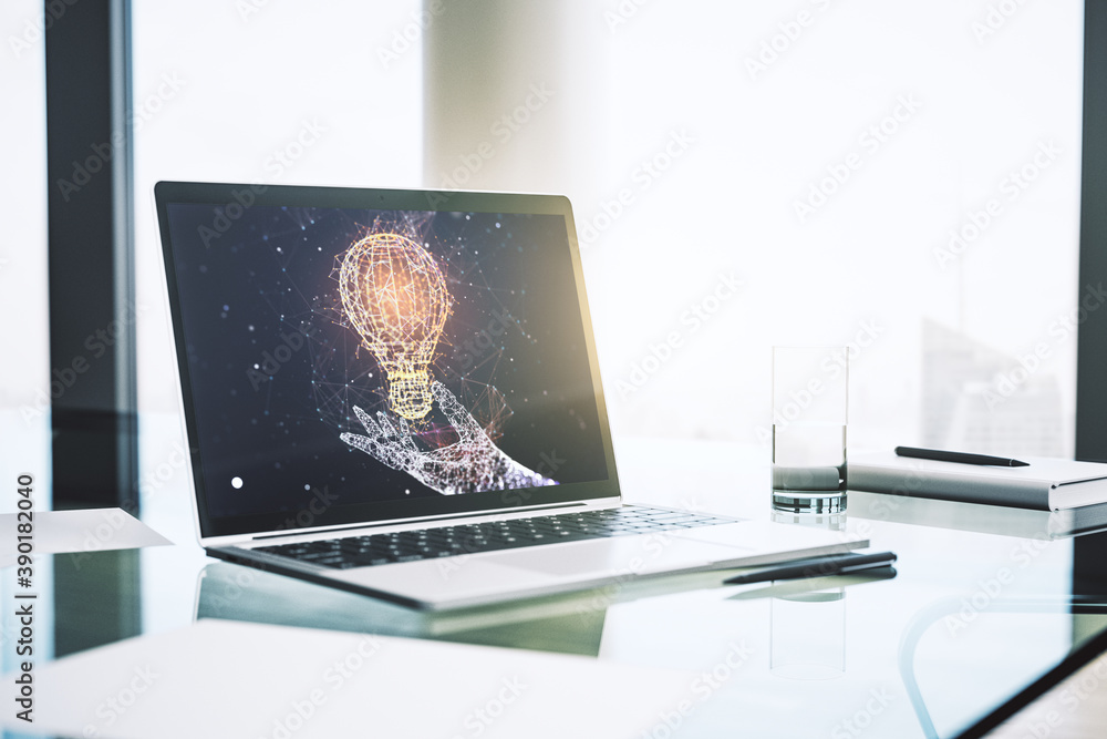 Poster Creative light bulb hologram on modern laptop monitor, idea concept. 3D Rendering