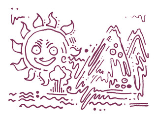 Mountains and sun. Abstract Hand drawn creative illustration. Doodle style. Can be used for your design. Vector.