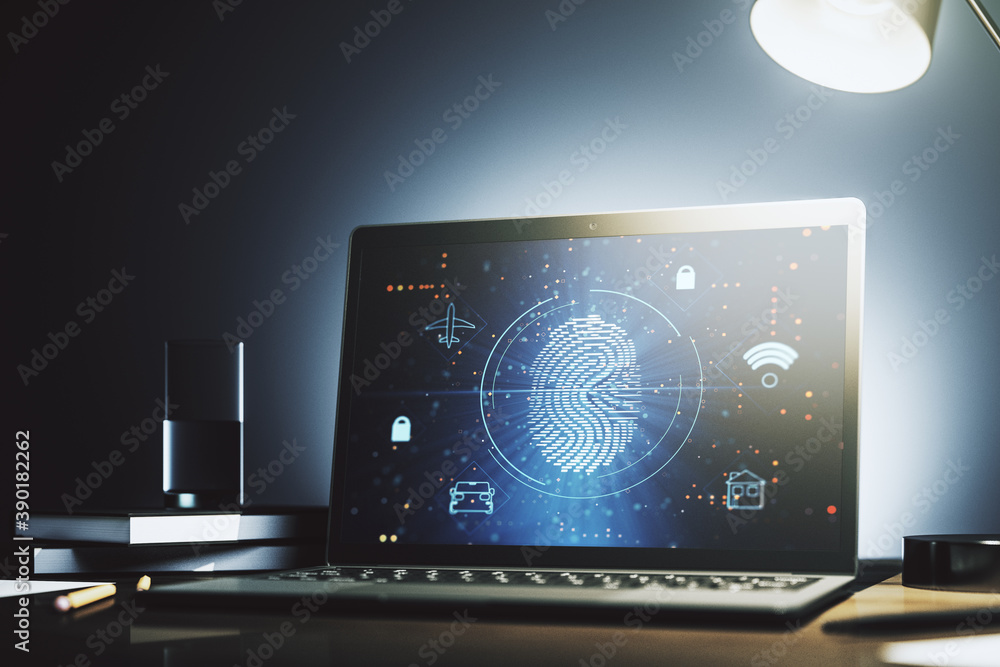 Poster modern computer monitor with abstract creative fingerprint hologram, research and development concep