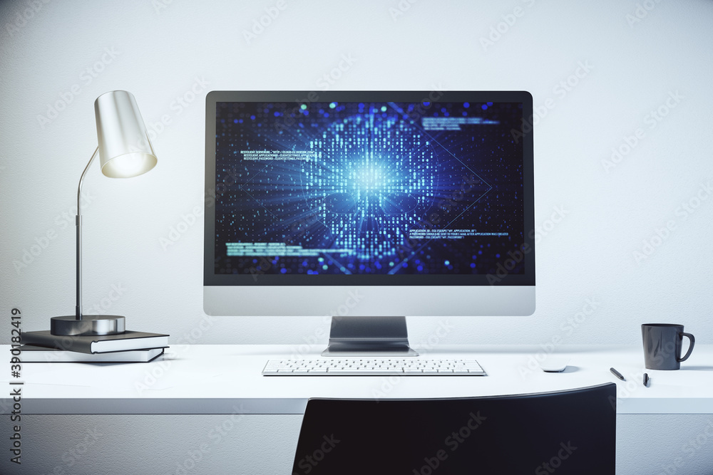 Poster Creative code skull sketch on modern laptop monitor, theft of personal data and malware concept. 3D Rendering