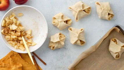 Puff pastry with apples, sugar and cinnamon. Autumn pastries.