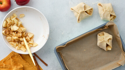 Puff pastry with apples, sugar and cinnamon. Autumn pastries.