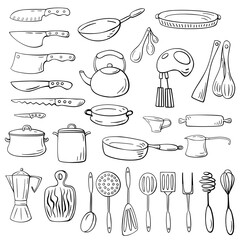 Set of hand-drawn doodle kitchen supplies. Kitchenware set. Cooking utensils.