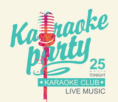 Vector music poster or banner for karaoke club with a calligraphic inscription Karaoke party and abstract microphone on a light background in retro style