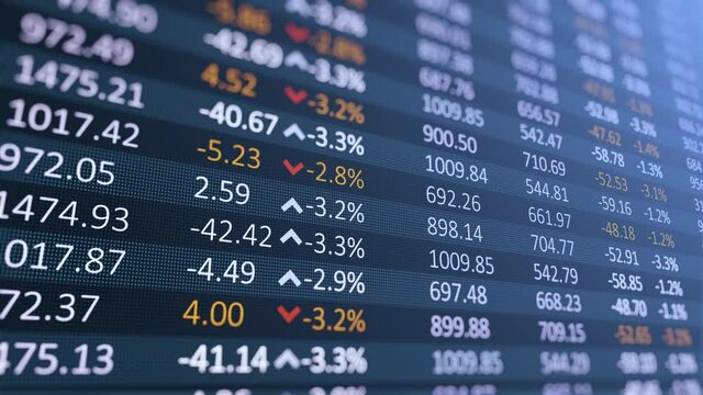 A digital table of stock market values, company indices are developing, growing and / or decreasing.