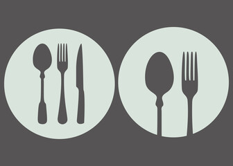 Dinner logo in the form of a plate, spoon and knife on a beige background.